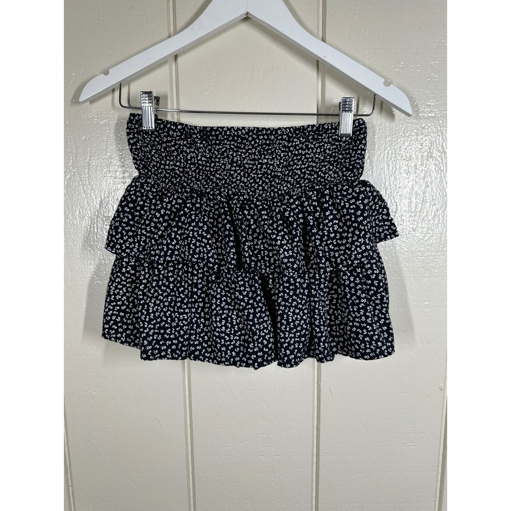 SO Skort Girls L 10/12 Navy Blue Floral Tiered Smocked Waist Ruffle Skirt Shorts